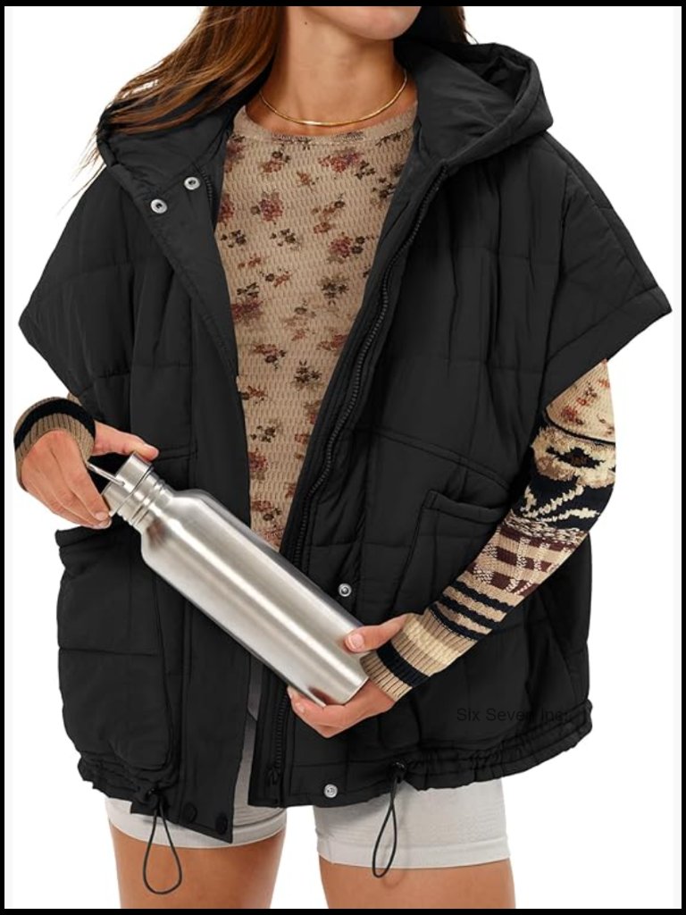 Oversized Quilted Vest, Cap Sleeve Puffer, Button Zip Up Jacket, Waterproof